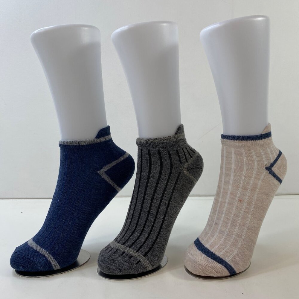 Womens Ankle Socks Set 3 Solid Ribbed Texture Blue Gray Cream